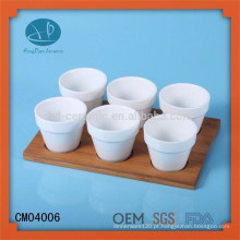 Copo de cerâmica branca, copos de cerâmica com bandeja de bambu, copos de café com bandeja de madeira